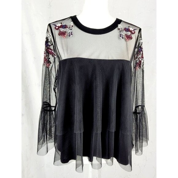 Willow & Clay Mesh Floral Embroidered Yoke Blouse Top Black Size Small - Picture 3 of 14